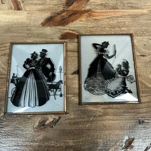 Pair of 50s Silhouette 4.5"x3.5" Black & White Art on Convex Glass Victorian